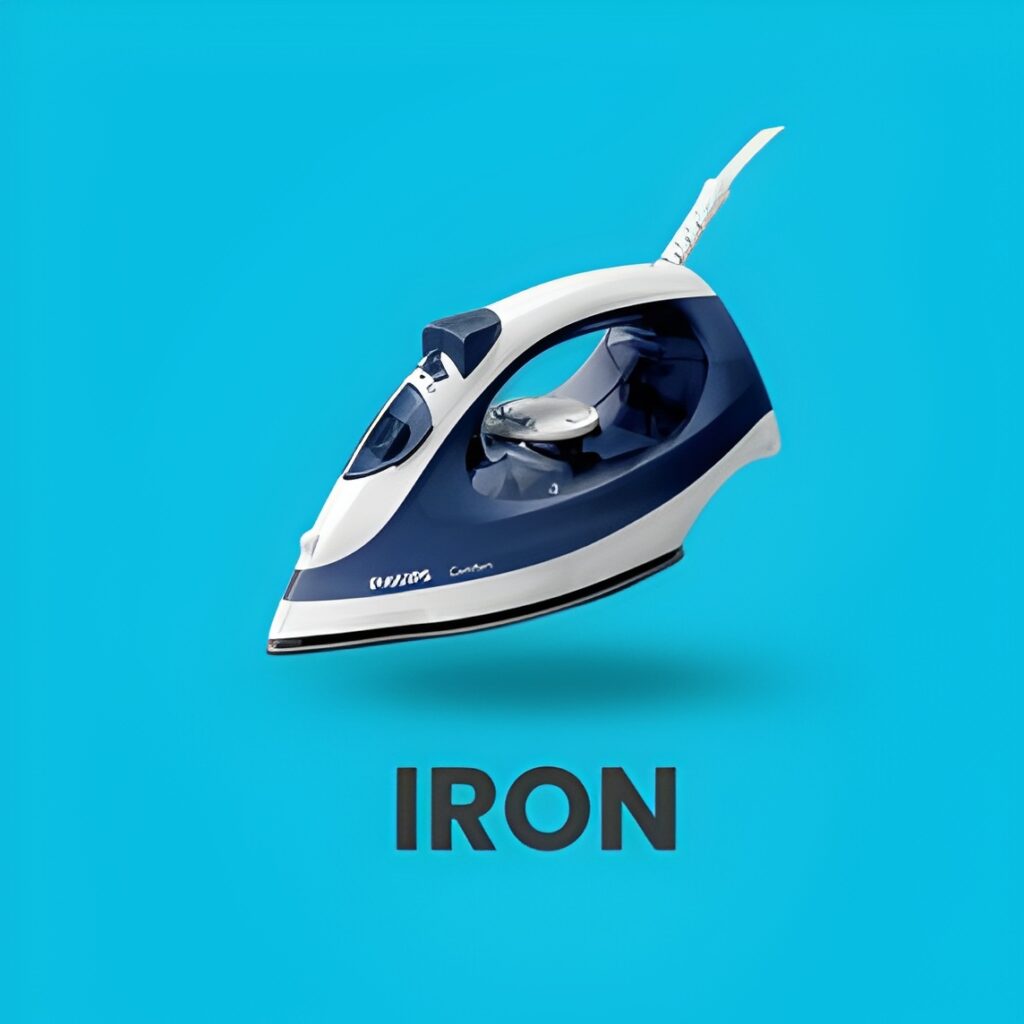 A sleek steam iron on an ironing board, pressing a freshly laundered shirt.