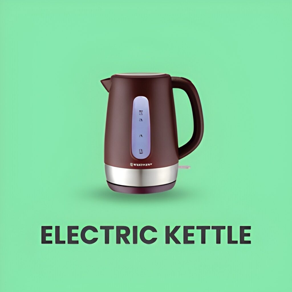 An electric kettle on a countertop, boiling water with steam rising.