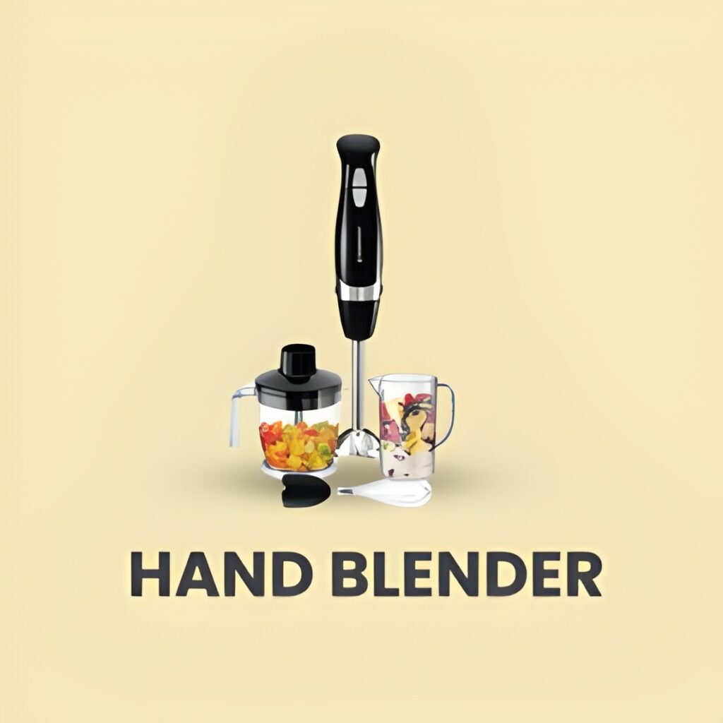 A hand blender being used to mix ingredients in a glass jar on a kitchen counter.